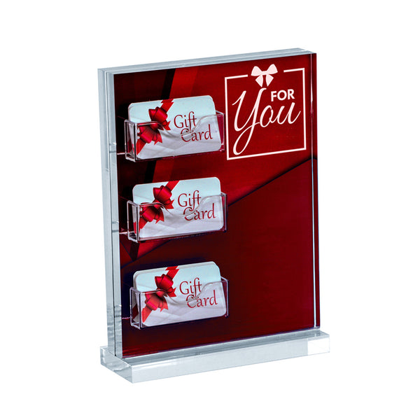 8.5" W x 11" H Vertical Acrylic Block Sign Holder on Acrylic Base w/ Three Gift Card Pockets