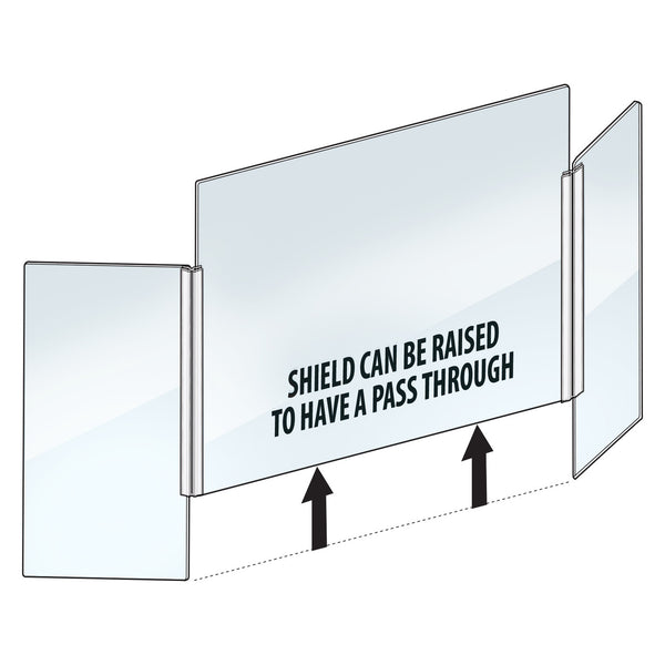 Large 53.5" wide x 23.5" high Clear Acrylic Tri Fold PLEXIGLASS Protective Shield, Sneeze Guard, Personal Barrier, adjustable heights for pass through on the bottom