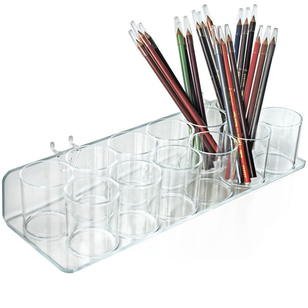 Clear Acrylic Twelve Cup Holder for Pencils, Pens, or Brushes, Cosmetic Pen Cup Display Organizer, for Pegboard and Slatwall, 2-Pack