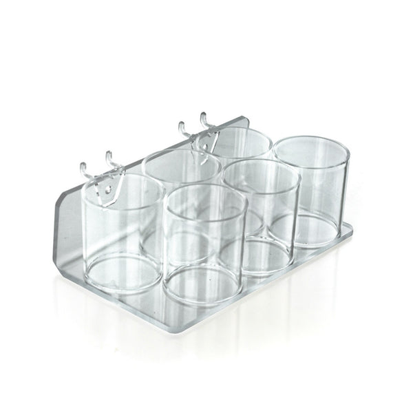 Clear Acrylic Six Cup Holder for Pencils, Pens, or Brushes, Cosmetic Pen Cup Display Organizer, for Pegboard and Slatwall, 2-Pack