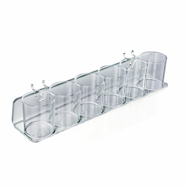Clear Acrylic Six in a Row Cup Holder for Pencils, Pens, or Brushes, Cosmetic Pen Cup Display Organizer, for Pegboard and Slatwall, 2-Pack