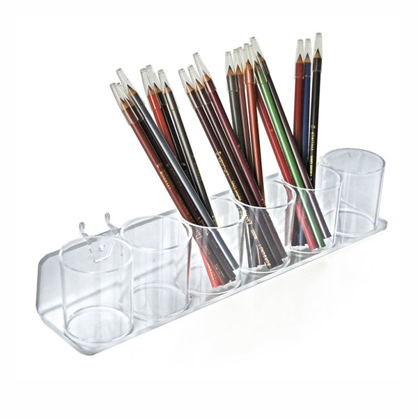 Clear Acrylic Six in a Row Cup Holder for Pencils, Pens, or Brushes, Cosmetic Pen Cup Display Organizer, for Pegboard and Slatwall, 2-Pack