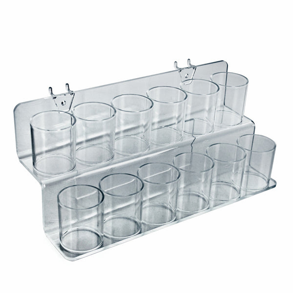 Clear Acrylic Two-Tier Twelve Cup Holder for Pencils, Pens, or Brushes, Cosmetic Pen Cup Display Organizer, for Pegboard and Slatwall.
