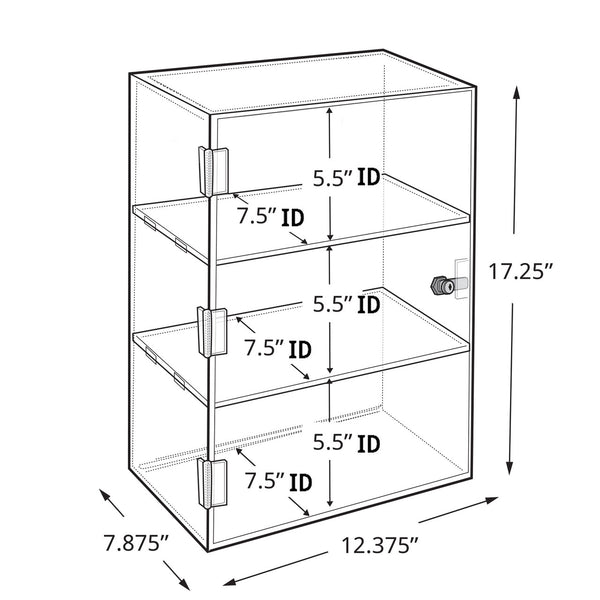 Acrylic Lockbox Countertop Display Case w/ 2 Shelves 12.375" wide