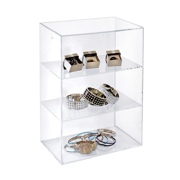 Acrylic Countertop Open Case 12.375" Wide w/ 2 Non-Removable Shelves and Wall Hanging Holes