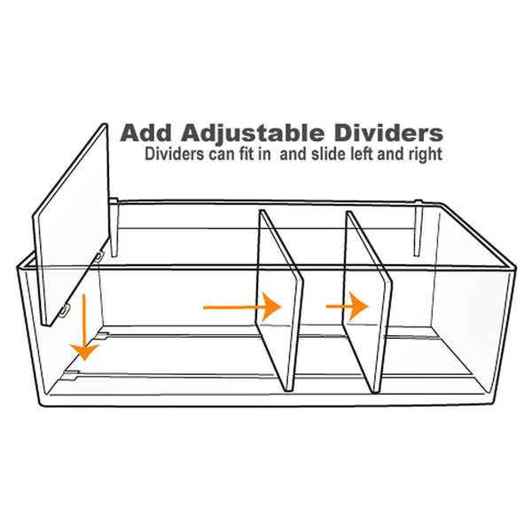 Clear Plastic Adjustable Divider Bin for Pegboard or Slatwall. Acrylic Storage Open Container, includes 2 Metal U-Hooks for hanging. Size: 13.5" W X 7"D X 4"H