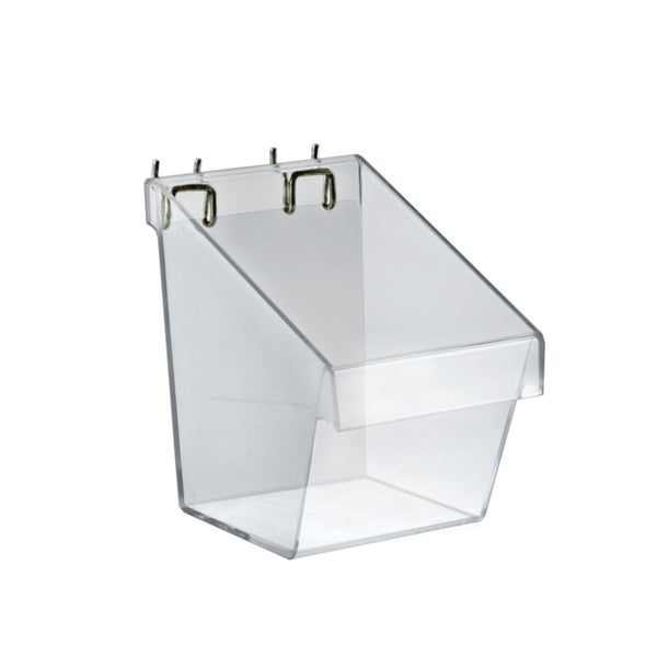 Small Clear Plastic Molded Bucket, Storage Container Bin for Pegboard, Slatwall, or Counter with 2 Metal U-Hooks, Size: 5.25"W x 6.25"D x 6.875"H, 4-Pack