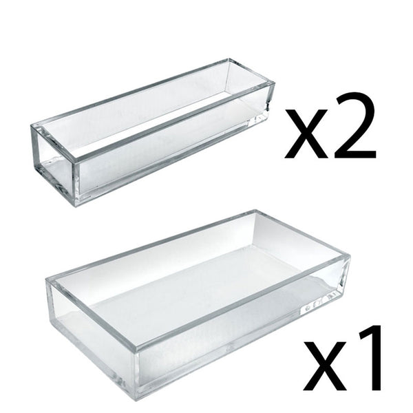 Deluxe 3 Piece Clear Acrylic Tray Set, Two Narrow Rectangle Trays and One Large Rectangle Tray Organizer for Desk or Counter