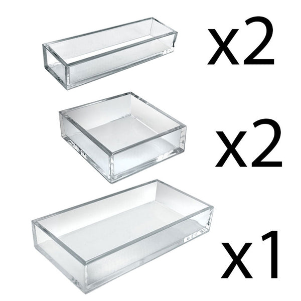 Deluxe 5 Piece Clear Acrylic Tray Set: Two Narrow Rectangle, Two Square and One Large Rectangle Tray