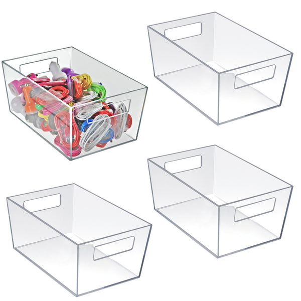 Medium Organizer Storage Tote Bin with Handle 10"W x 6.75"D x 4.5"H, 4-Pack